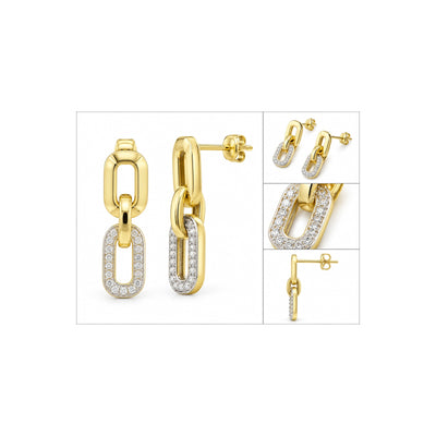 Aretes de Dama Oro 10k Colgantes de Eslabones Gruesos con Pavé de Circonios Bicolor