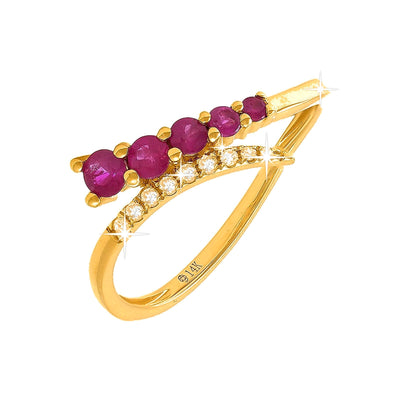 Anillo de Dama Oro 14k Bypass Redondos con Rubí y Diamantes Naturales