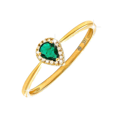 5x6mm Anillo de Dama Oro 14k Gota con Esmeralda y Diamantes Naturales