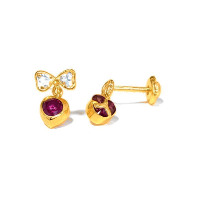 Aretes de Dama Oro 14k Moño con Corazón Rojo Colgante
