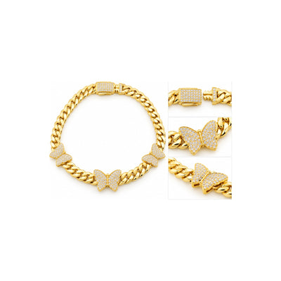 Brazalete de Dama Oro 10k Cubano con Mariposas Pavé y Broche de Circonios