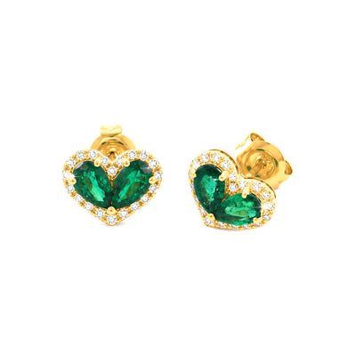 9x12mm Aretes de Dama Oro 14k Corazón de Esmeraldas con Halo de Diamantes Naturales