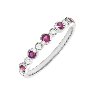 Anillo de Dama Oro Blanco 14k Banda Redondos con Rubí y Diamantes Naturales