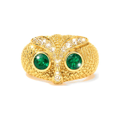 Anillo de Dama Oro 14k Búho con Diamantes Naturales y Esmeraldas