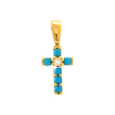 6x9mm Dije Oro 14k Cruz Pavé con Turquesa y Diamantes Naturales