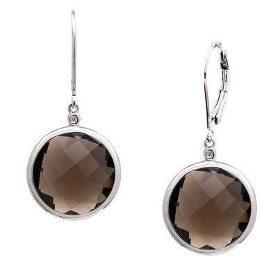 Pre Orden - Aretes de Dama Plata 925 Colgantes Cuarzo Ahumado Redondo
