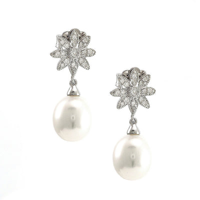 Pre Orden - Aretes de Dama Plata 925 Colgantes Flor Grande con Perla