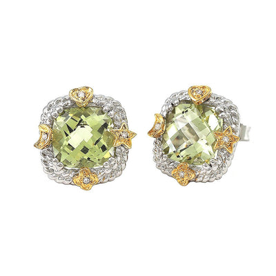 Pre Orden - Aretes de Dama Plata 925 Topos Cojín Cuarzo Limón con Detalles Dorados