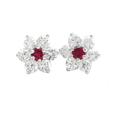 Pre Orden - Aretes de Dama Plata 925 Topos Flor con Piedra Roja al Centro