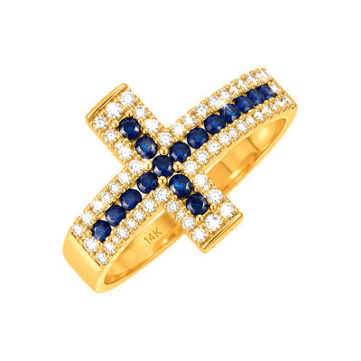 Anillo de Dama Oro 14k Cruz Lateral con Zafiros y Diamantes Naturales