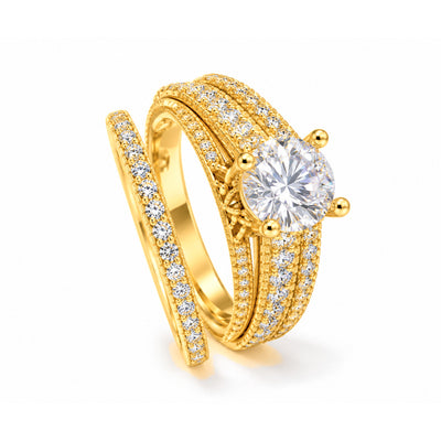 Set Anillo Matrimonio Oro 10k Solitario Multifila y Banda Fina