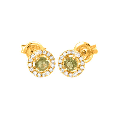 7mm Aretes de Dama Oro 14k Esmeralda Redonda con Halo de Diamantes Naturales