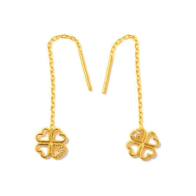 Aretes de Dama Oro 14k Trébol de Corazones con Cadena Pasante