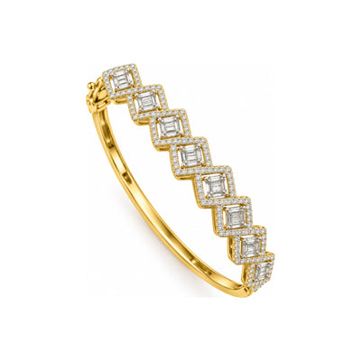 Brazalete de Dama Oro 14k Rígido Rombos Baguette con Halo de Diamantes Naturales