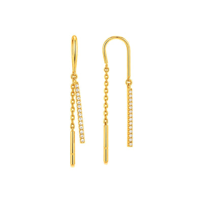 Aretes de Dama Oro 14k Cadena Pasante con Barra Pavé