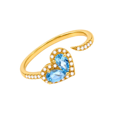 7x9mm Anillo de Dama Oro 14k Abierto Corazón de Topacios Azules con Halo de Diamantes Naturales