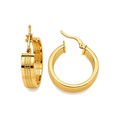 Aretes de Dama Oro 14k Argolla Ancha con Líneas de Bolitas