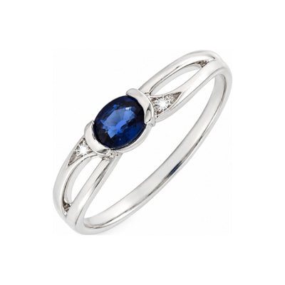 Anillo de Dama Oro Blanco 14k Zafiro Oval con Banda Abierta y Diamantes Naturales