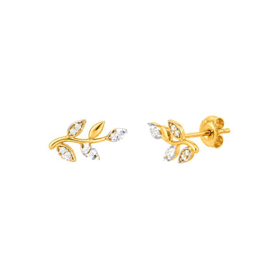 6x12mm Aretes de Dama Oro 14k Rama con Hojas de Diamantes Naturales