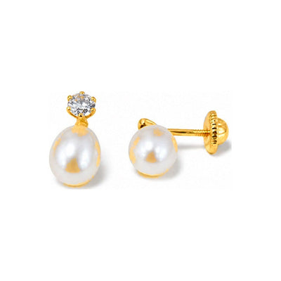 Aretes de Dama Oro 14k Perla Colgante con Circonio