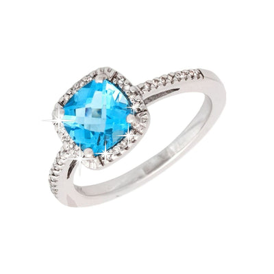Anillo de Dama Oro Blanco 14k con Topacio Azul y Diamantes Naturales