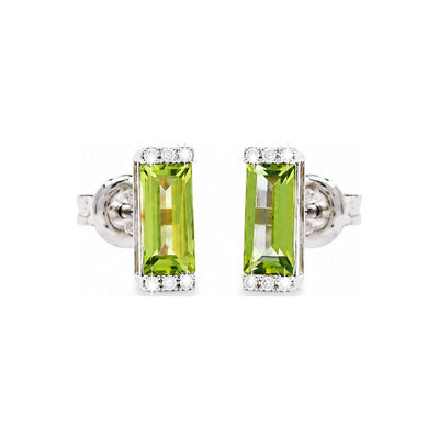 3x9mm Aretes de Dama Oro Blanco 14k Barra de Peridoto con Diamantes Naturales