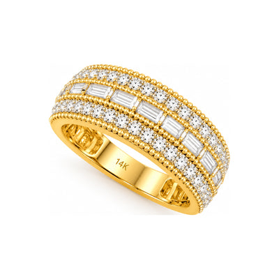 Anillo de Dama Oro 14k Banda Tres Filas Baguette y Redondos con Borde de Bolitas y Diamantes Naturales
