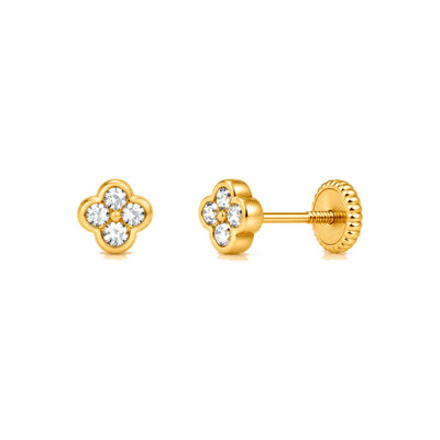 Aretes para Bebé Oro 14k Flor Cuadrada con Cuatro Circonias Pavé