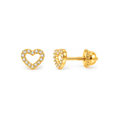 Aretes para Bebé Oro 14k Corazón Calado con Borde Pavé
