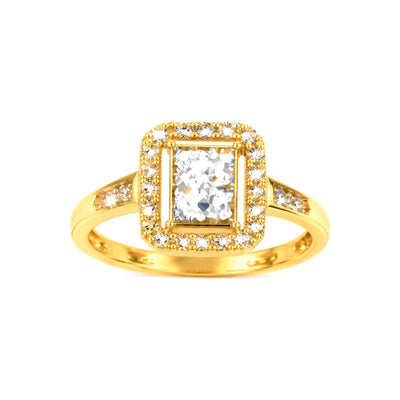 Anillo de Dama Oro 10k Cluster Rectangular con Halo de Circonios