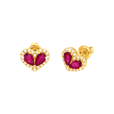 9x12mm Aretes de Dama Oro 14k Corazón de Rubíes con Halo de Diamantes Naturales