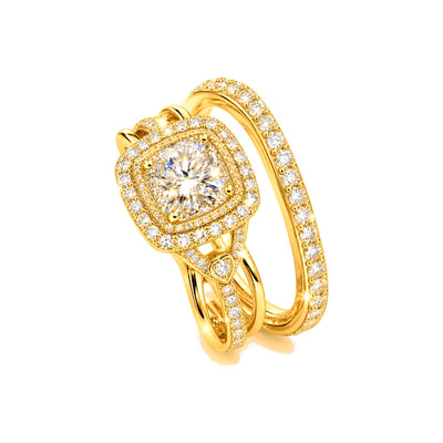 Set de Matrimonio para Dama Oro 10k Solitario Cojín con Doble Halo y Banda Eternity de Diamantes Naturales