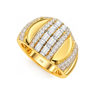 Anillo de Dama Oro 14k Domo Ancho con Doble Fila de Baguettes y Diamantes Naturales