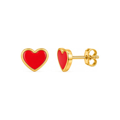 7mm Aretes de Dama Oro 14k Corazón Esmalte Rojo