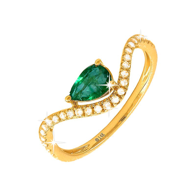 Anillo de Dama Oro 14k Gota con Esmeralda y Diamantes Naturales