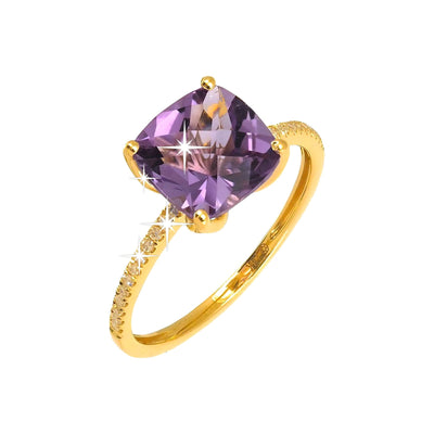 8mm Anillo de Dama Oro 14k con Amatista y Diamantes Naturales