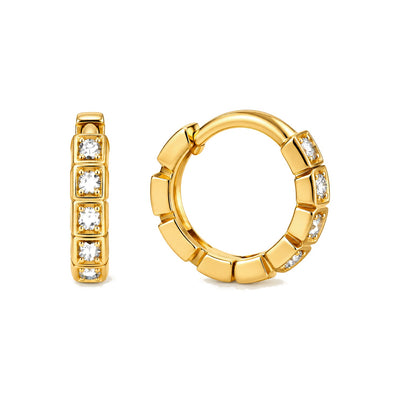 Aretes de Dama Oro 10k Huggie de Bloques Cuadrados con Circonios