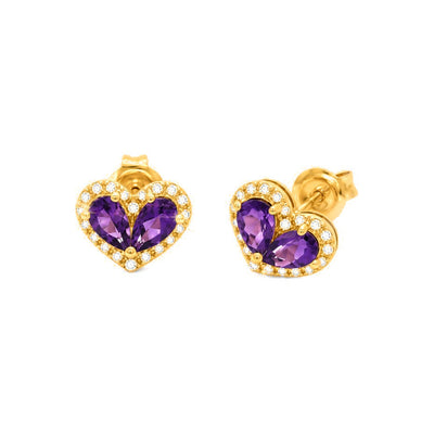 9x12mm Aretes de Dama Oro 14k Corazón de Amatistas con Halo de Diamantes Naturales