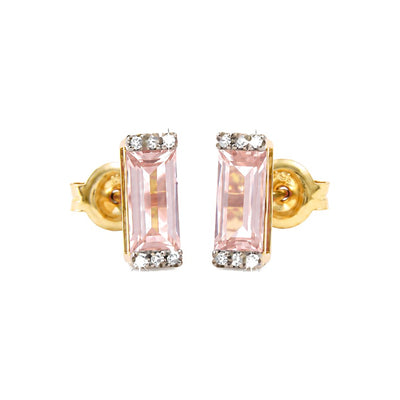 3x9mm Aretes de Dama Oro Rosa 14k Barra de Cuarzo Rosado con Diamantes Naturales