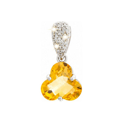 12.8mm Dije Citrina Corte Trébol Oro Blanco 14k con Diamantes Naturales