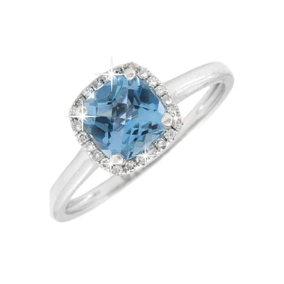 8x8mm Anillo de Dama Oro Blanco 14k con Topacio Azul y Diamantes Naturales