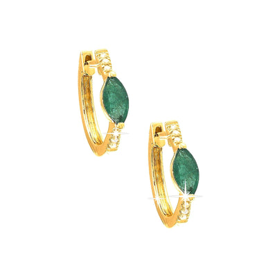 12mm Aretes de Dama Oro 14k Argolla Marquesa con Esmeralda y Diamantes Naturales
