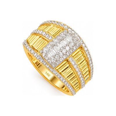 Anillo de Dama Oro 14k Domo Ancho Baguettes Amarillas con Diamantes Naturales