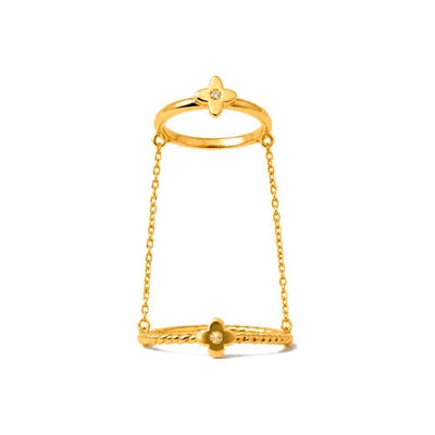 Anillo de Dama Oro 14k Doble Banda con Cadena y Estrella Circonio