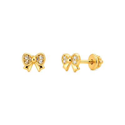 Aretes para Bebé Oro 14k Moño con Circonios y Lazos
