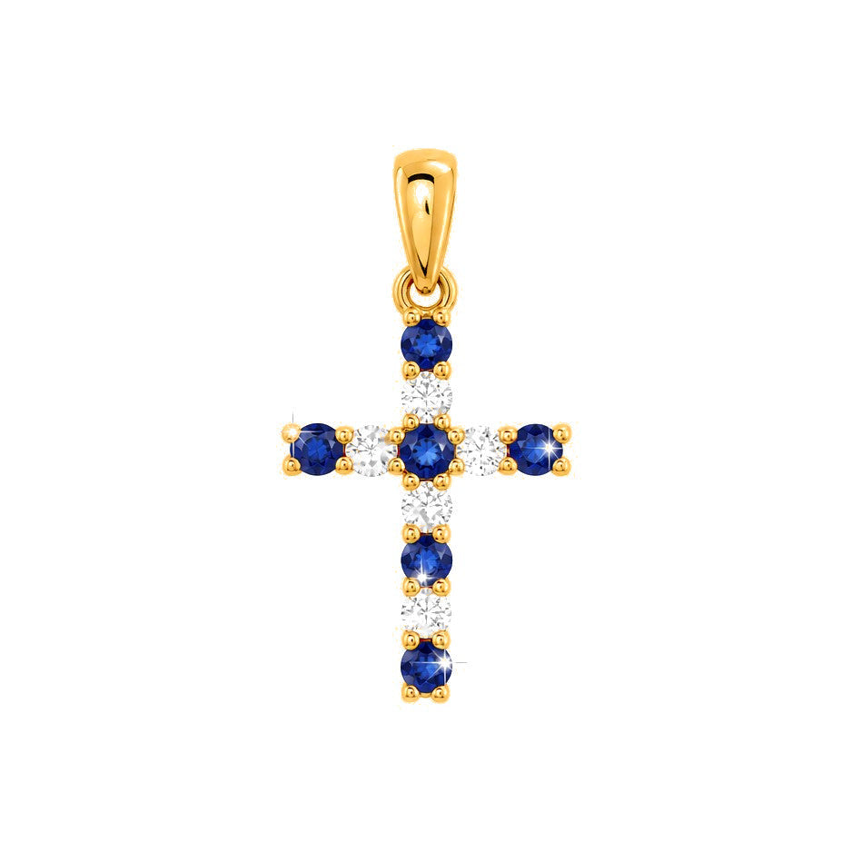 10x18mm Dije Cruz Oro 14k con Zafiro y Diamantes Naturales