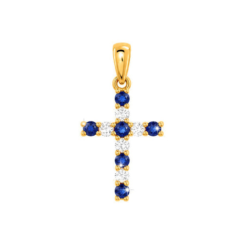 10x18mm Dije Cruz Oro 14k con Zafiro y Diamantes Naturales