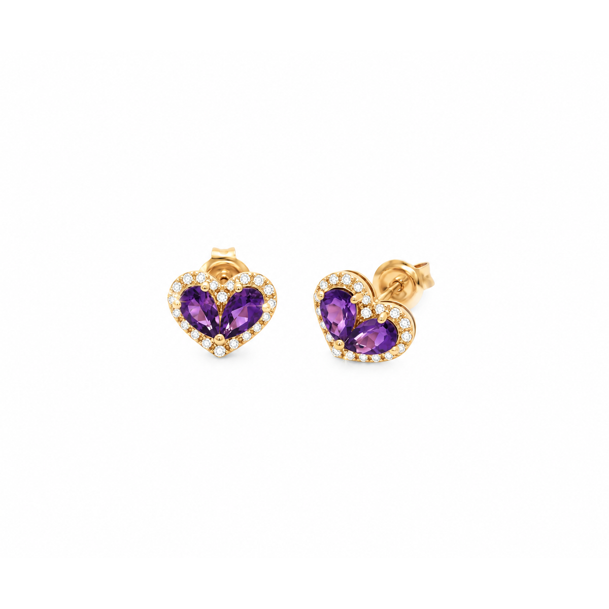 9x12mm Aretes de Dama Oro 14k Corazón de Amatistas con Halo de Diamantes Naturales
