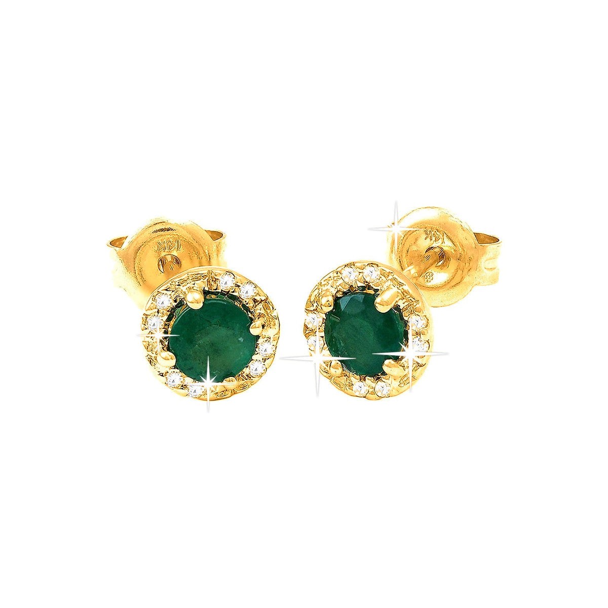 Aretes de Dama Oro 14k Redondos con Esmeralda y Diamantes Naturales