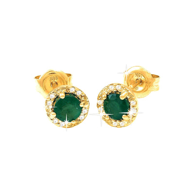 Aretes de Dama Oro 14k Redondos con Esmeralda y Diamantes Naturales